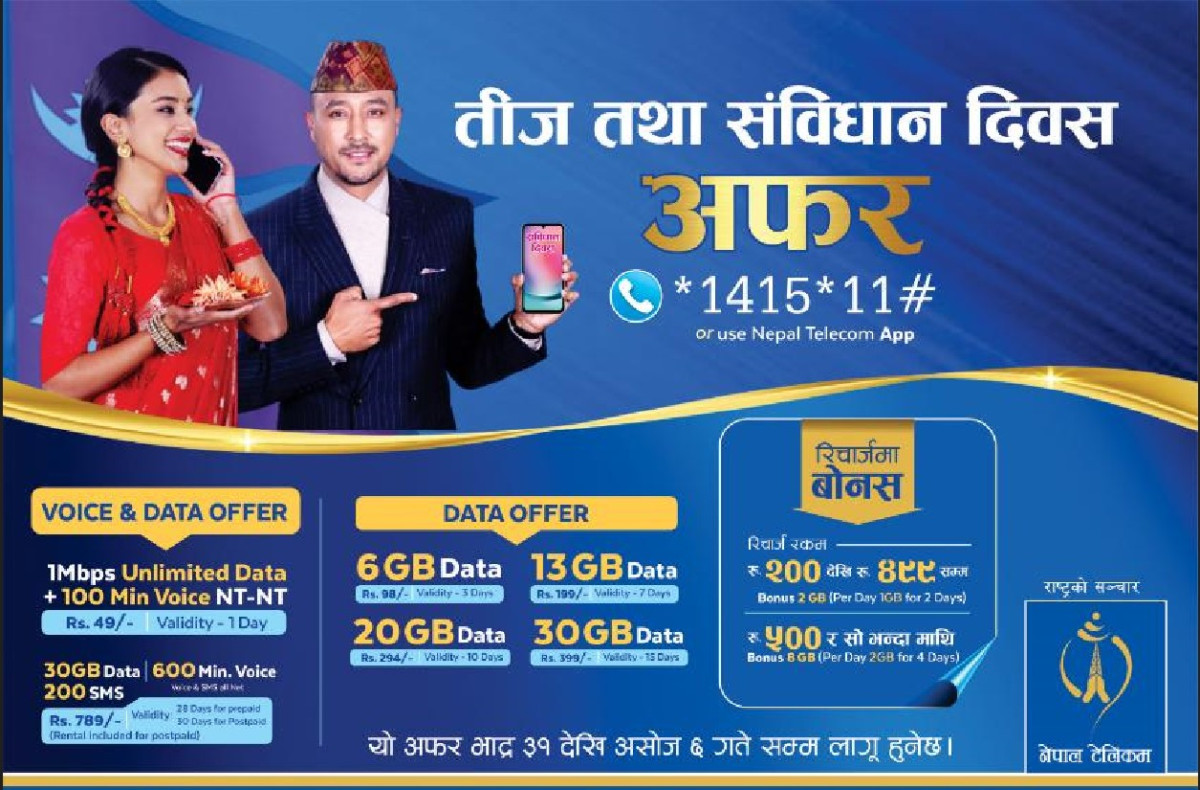 ७ दिनका लागि नेपाल टेलिकमको अफरः डाटा र भ्वाईस कलमा यस्तो सुविधा